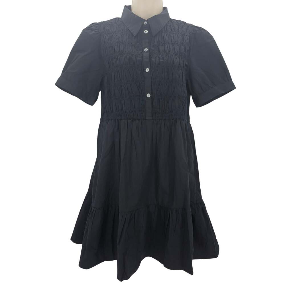 J. Crew Womans size L Petite Smocked Cotton Shirt Mini Dress Black CD296 NEW